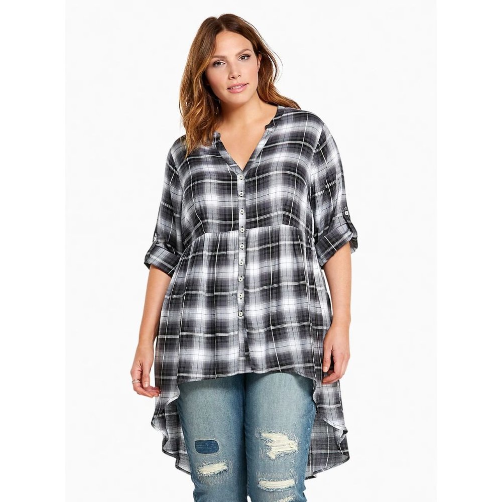TORRID Plaid Button Front Hi-Lo Babydoll Midi Top Blouse sz 1X Women's Plus - Picture 3 of 12